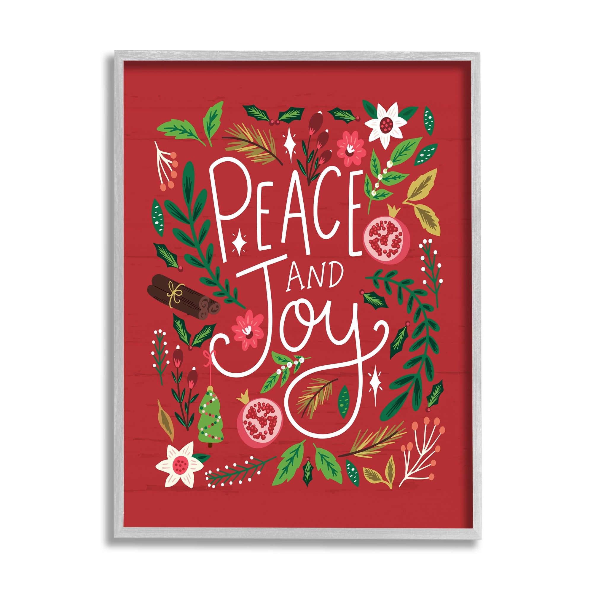 Stupell Industries Peace & Joy Holiday Botanicals Plants Modern Calligraphy Graphic Art Gray Framed Art Print Wall Art, Design by Louise Allen