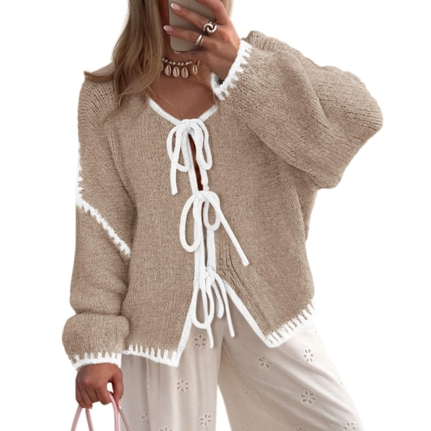 Suéter PRETTYGARDEN con Lazo Frontal, Tejido Grueso, Mangas Abullonadas, Talla M