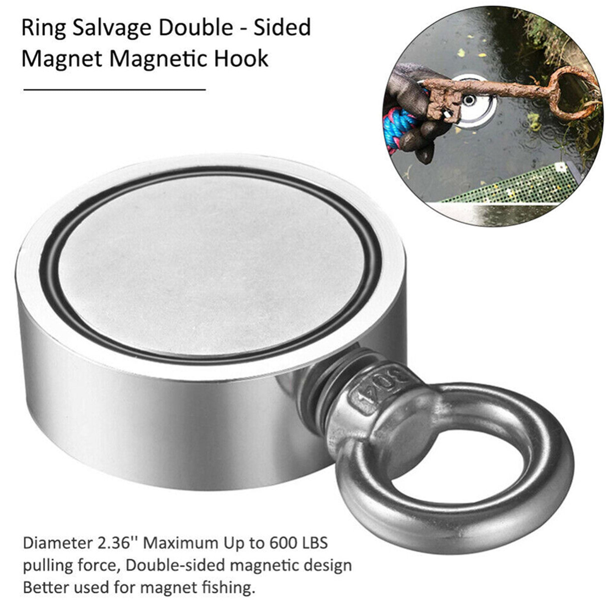 Spencer Round Double Sided Fishing Magnet Super Strong Neodymium 400LBS  Pulling Force Thick Eyebolt Treasure Hunt with 10M Rope 