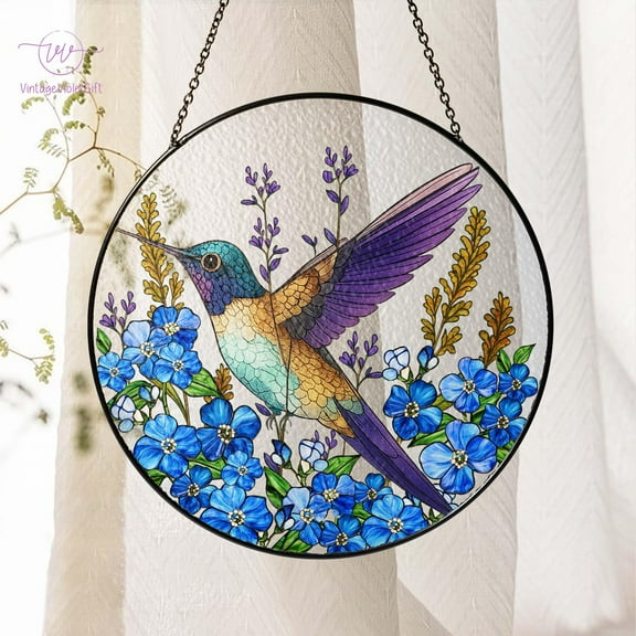 Personalized Hummingbird Stained Glass Suncatcher, Forget Me Not Sun Catcher Window Hanging, Gifts for Mom, Indoor Decor, Sympathy Gift Loss 4343079775 7897