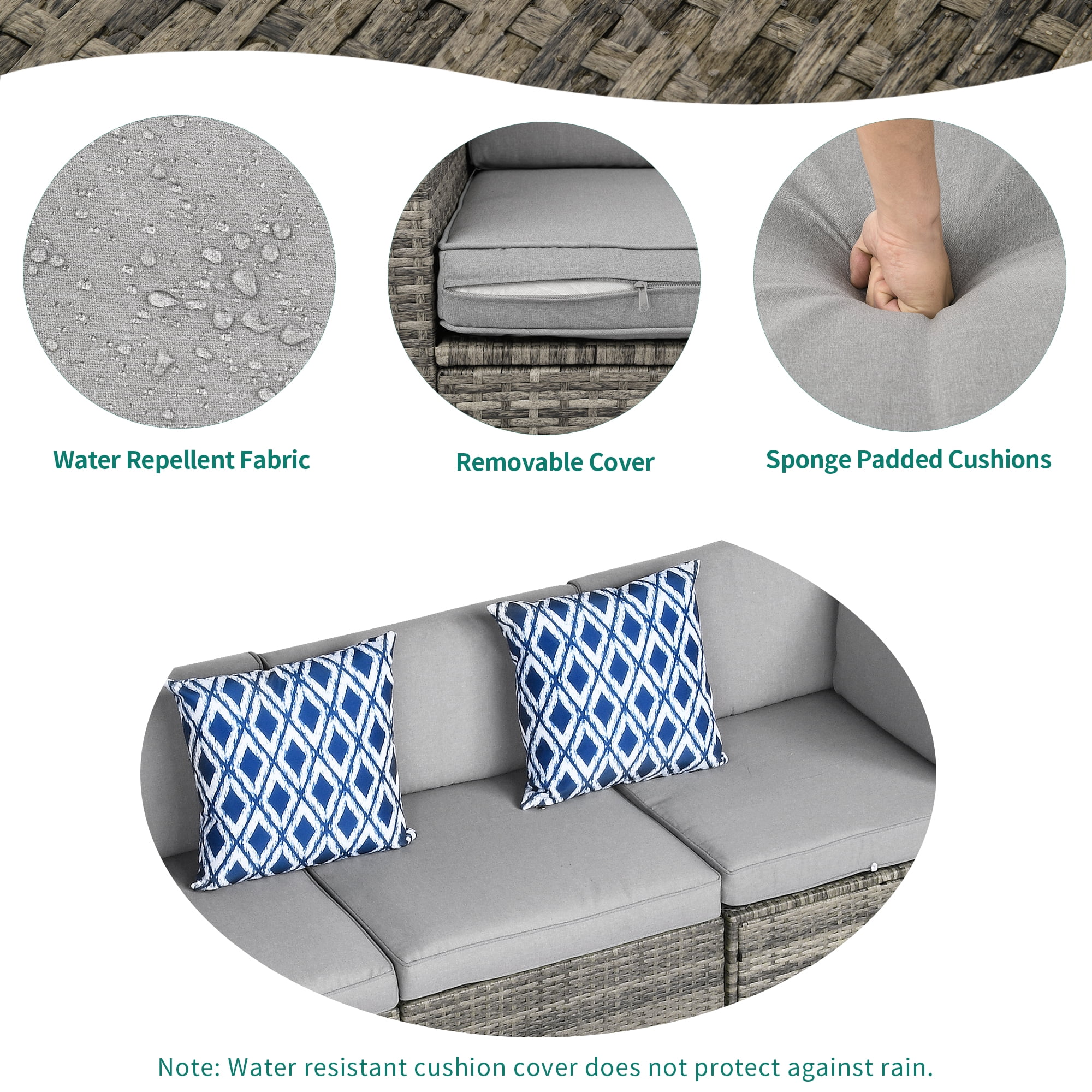Dextrus 5 Piece Outdoor Patio Set, Wicker Sectional Sofas Rattan Conversation Set with Cushions, Pillows and Coffee Table