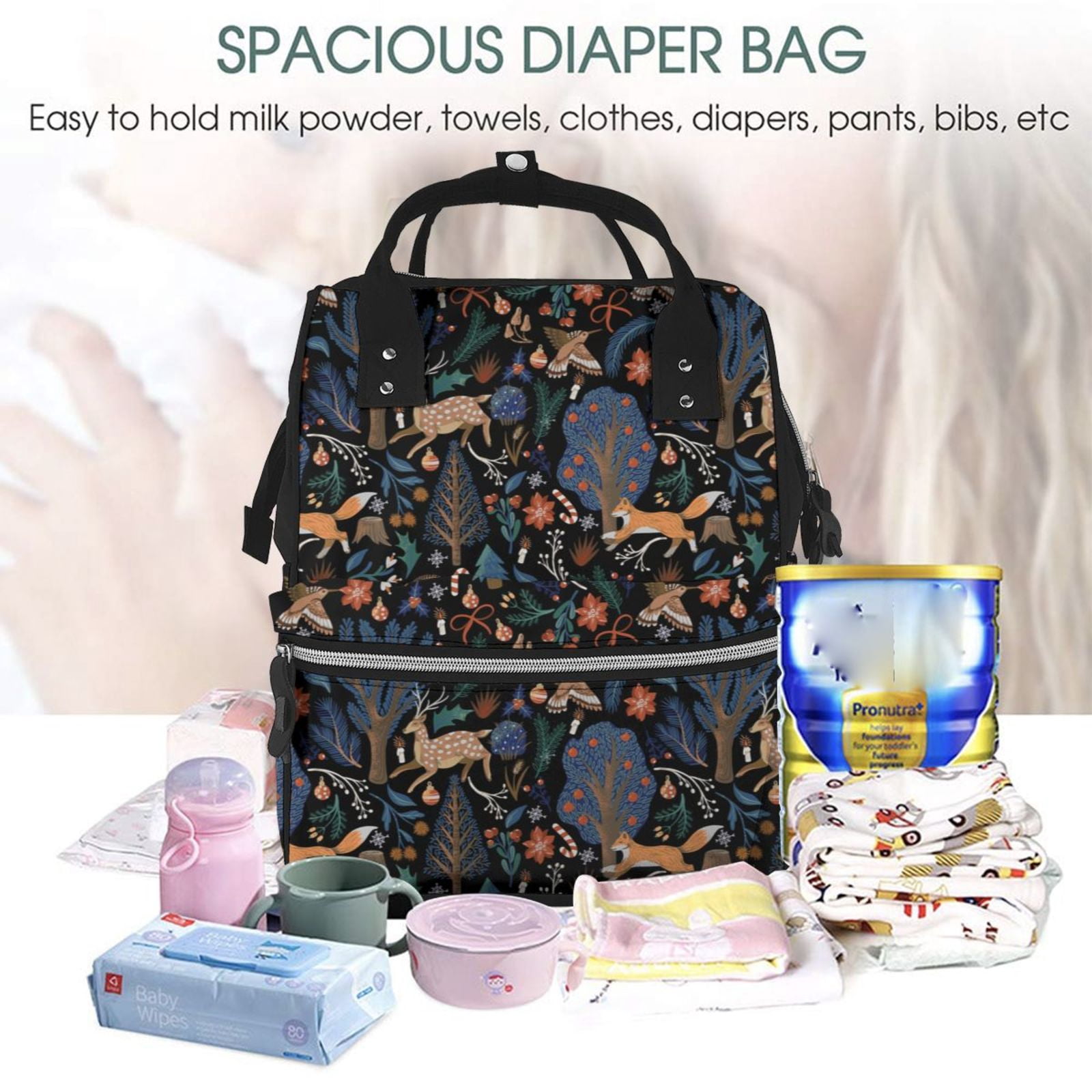 Fuzoiu fall fox deer bird Print Diaper Bag Backpack,Baby Essentials Travel Tote,Multi function Waterproof Diaper Bag, Travel Essentials Baby Bag - Unisex