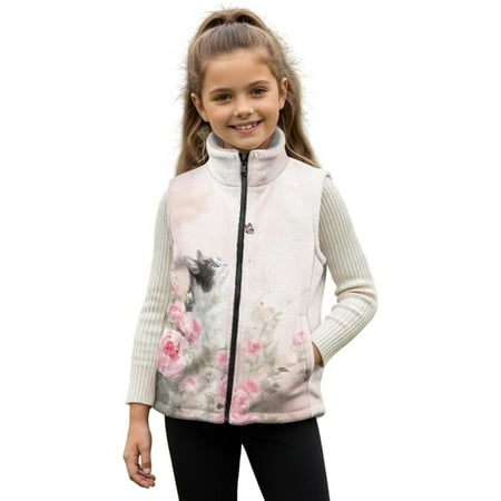 Xixirimido Cat Butterfly Pink Roses Pattern Boys Girls Fleece Vest Sleeveless Stand-up Collar Jacket with Pockets Full-Zip Fall Winter Warm Outerwear for 4T