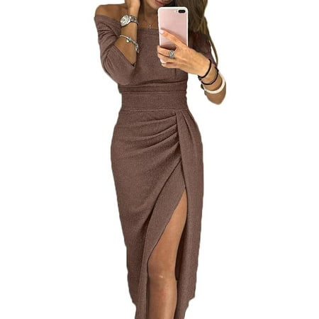 Ruched One Shoulder Gown - JustVH Women's Shiny Off Shoulder Ruched Thigh Slit Dress