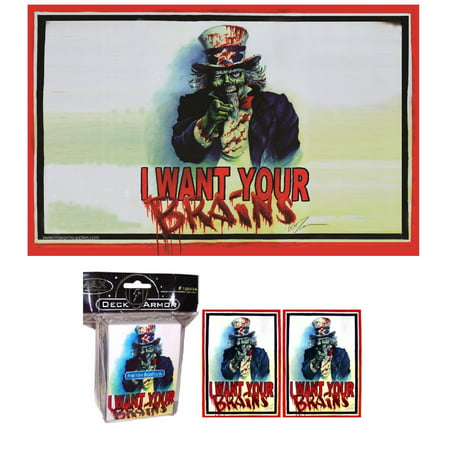 I Want Your BRAINS! ZOMBIE Playmat + DECK BOX + 100 Matching GLOSS Finish Sleeves (fits Magic / MTG Cards) by MAX