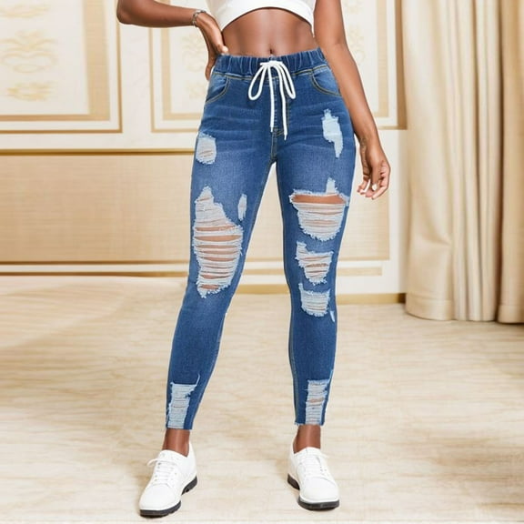 Women's Drawstring Waist Elastic Slim Fit Stretch Denim Jogger Pants Jeans For Women Classic Denim Denim Knit Pants Straight Jean Women Jean Pants for Women Work Womens Clothes Size 16 Pants for Women