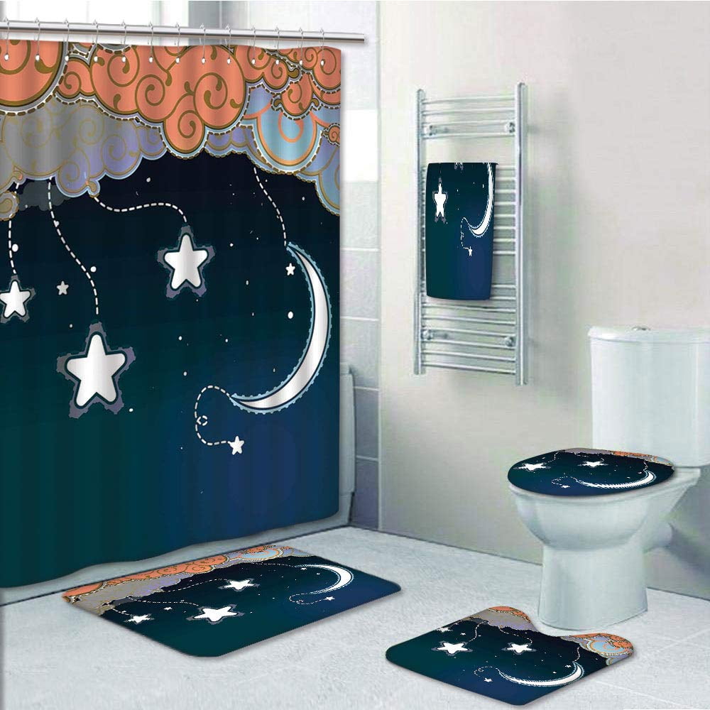 Erehome Kids Cartoon Night Sky With Swirled Clouds Stars Moon Dotted Lines Dark Salmon 5 Piece Bathroom Set Shower Curtain Bath Towel Bath Rug Contour Mat And Toilet Lid Cover Walmart Canada