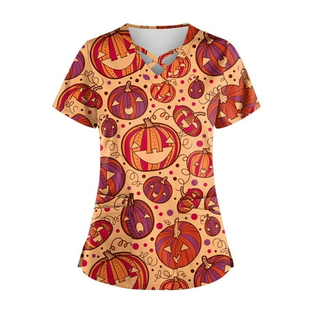 

Ovticza Scrubs for Women Plus Size Halloween Pumpkin Print with Pockets V Neck Womens Plus Size Scrub Tops Short Sleeve Nursing Uniforms Basics Petite Scrub Plus Size Vermilion S