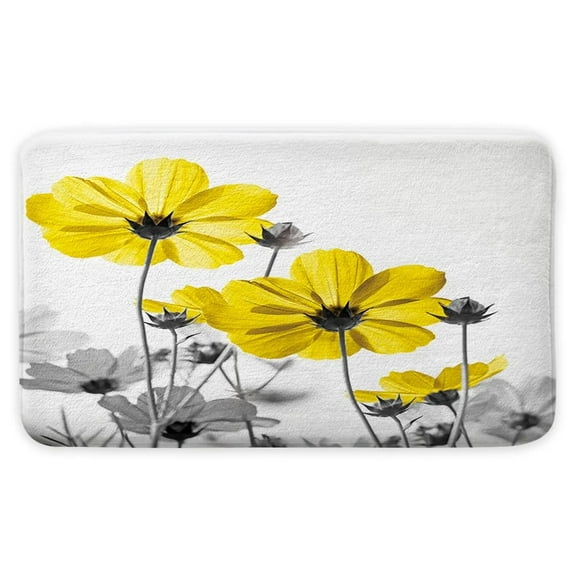 Unique Floral Yellow Bath Mat for Bathroom Decor, Yellow and Grey Daisy Flower Elegant Wildflower Design Farmhouse Bath Mats, 17 X 29 Inches