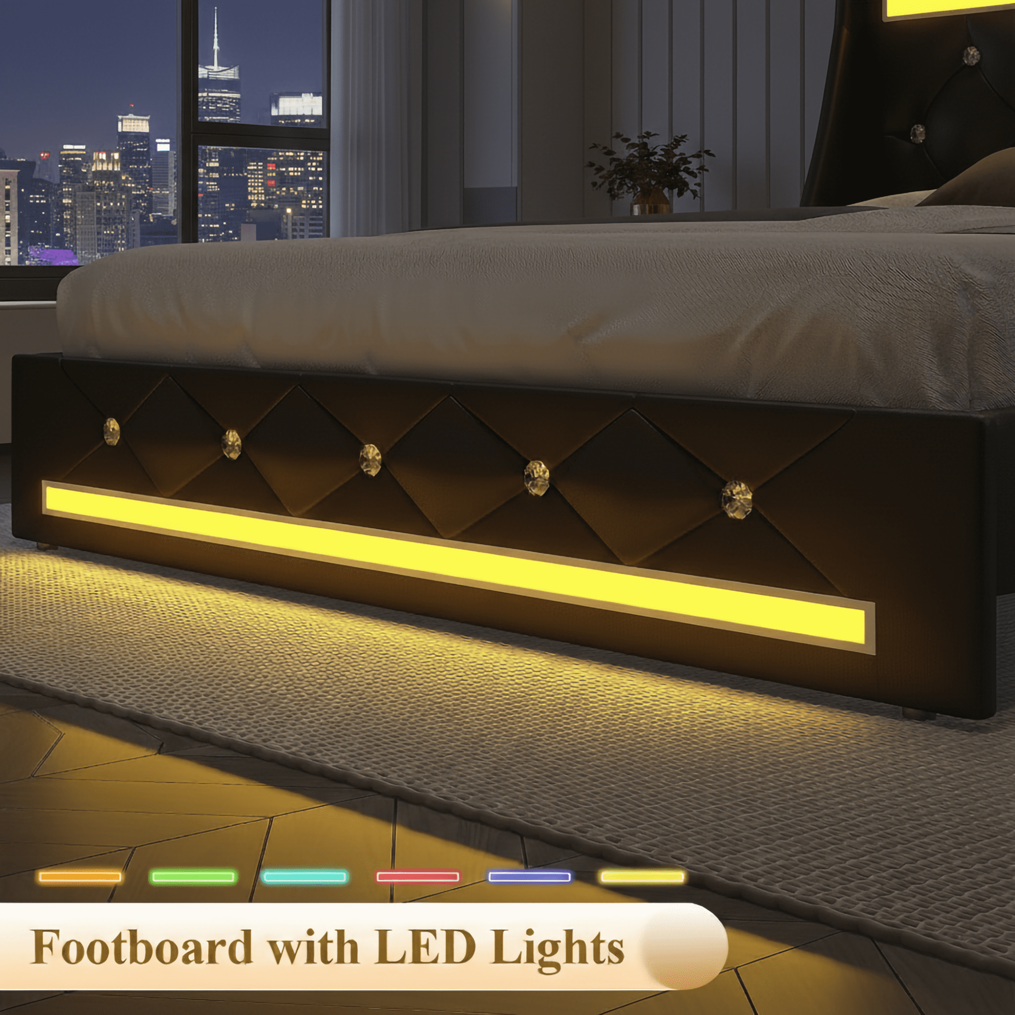 Mintazer Full Bed Frame with LED Lights & Charging Station, Diamond Tufted Upholstered Platform Bed with 2 Side Storage Pockets for Bedroom, Black