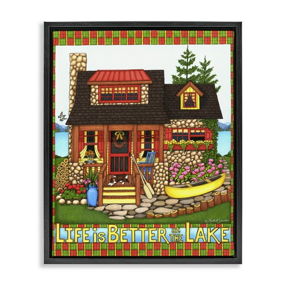 Stupell Industries Patterned Better At Lake Landscape & Nature Painting Black Floater Framed Canvas Art Print Wall Art, 17 x 21