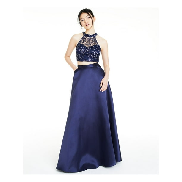 SAY YES TO THE PROM Womens Navy Lace Sleeveless Halter Full Length