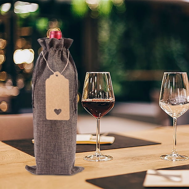 Juego de bolsas de botellas de vino de lino - Un paquete de funda para botellas de vino tinto con etiqueta para decoraciones de mesa de fiestas de Navidad y festividades