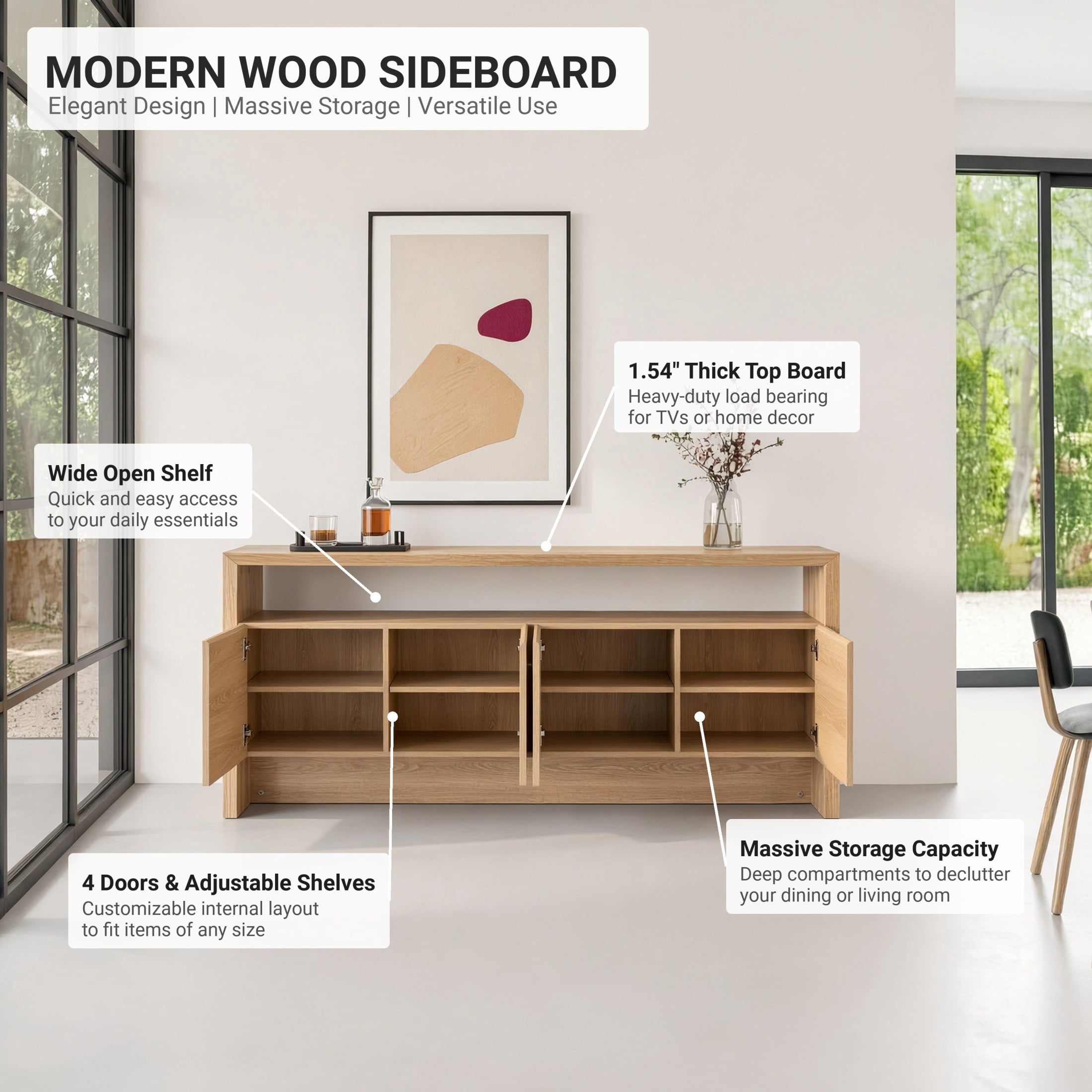 Christopher Knight Home Modern Sideboard Cabinet with 4 Doors, Open Shelf and Storage, Light Oak