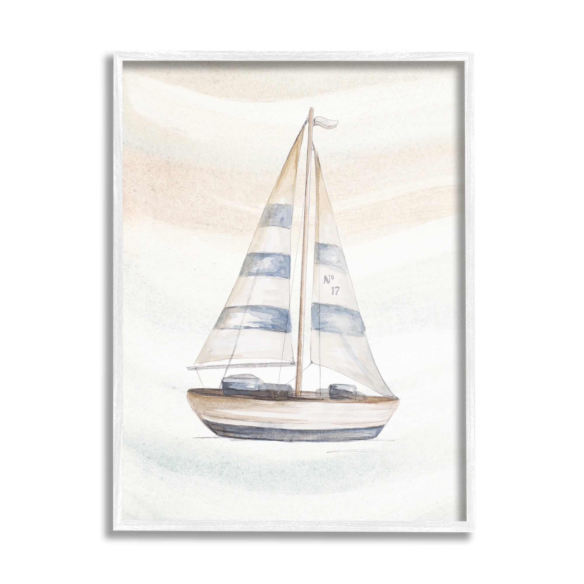 Stupell Industries Nautical Sailboat Drifting Pale Abstract Ocean Waves Graphic Art White Framed Art Print Wall Art, Design by Patricia Pinto
