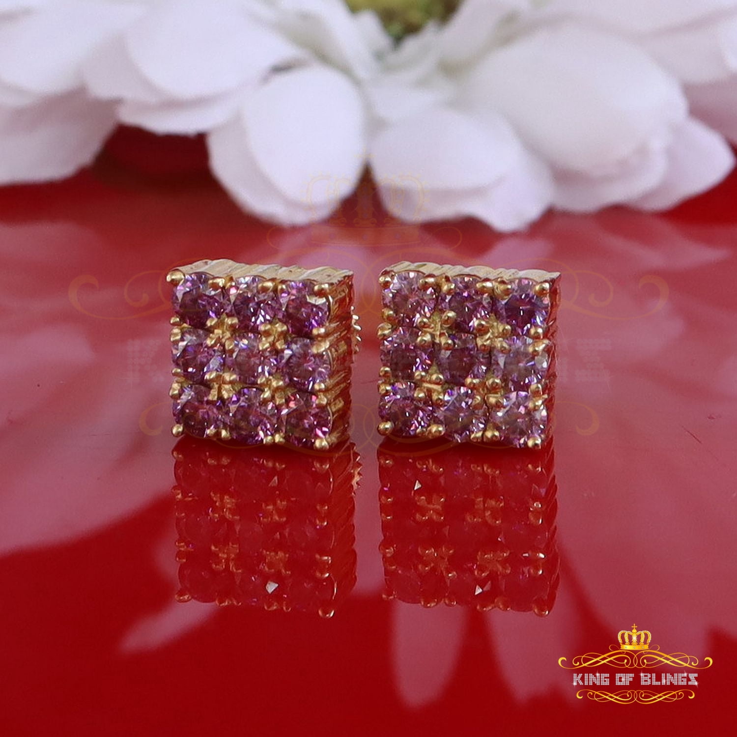 King of Bling's 925 Silver Yellow 2.25ct VVS D Pink Moissanite Men/Women's Square Stud Earrings