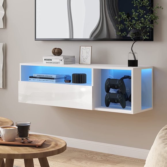 Soges Floating TV Stand with LED, Wall Mounted TV Stand with 20 Color LED Lights, Floating Entertainment Center with Storage, Modern White, 40 inch
