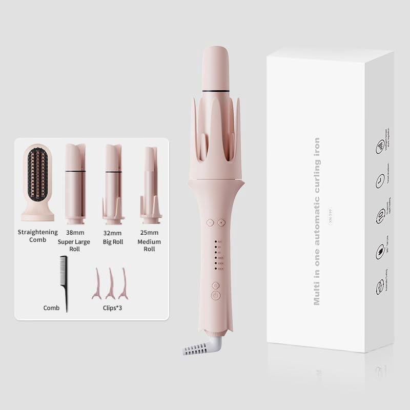 CNV Auto-Rotating Curling Iron with 3 Barrels & Straightener Comb, Anti-Scald, 3 Temp Settings, Travel-Friendly Pink