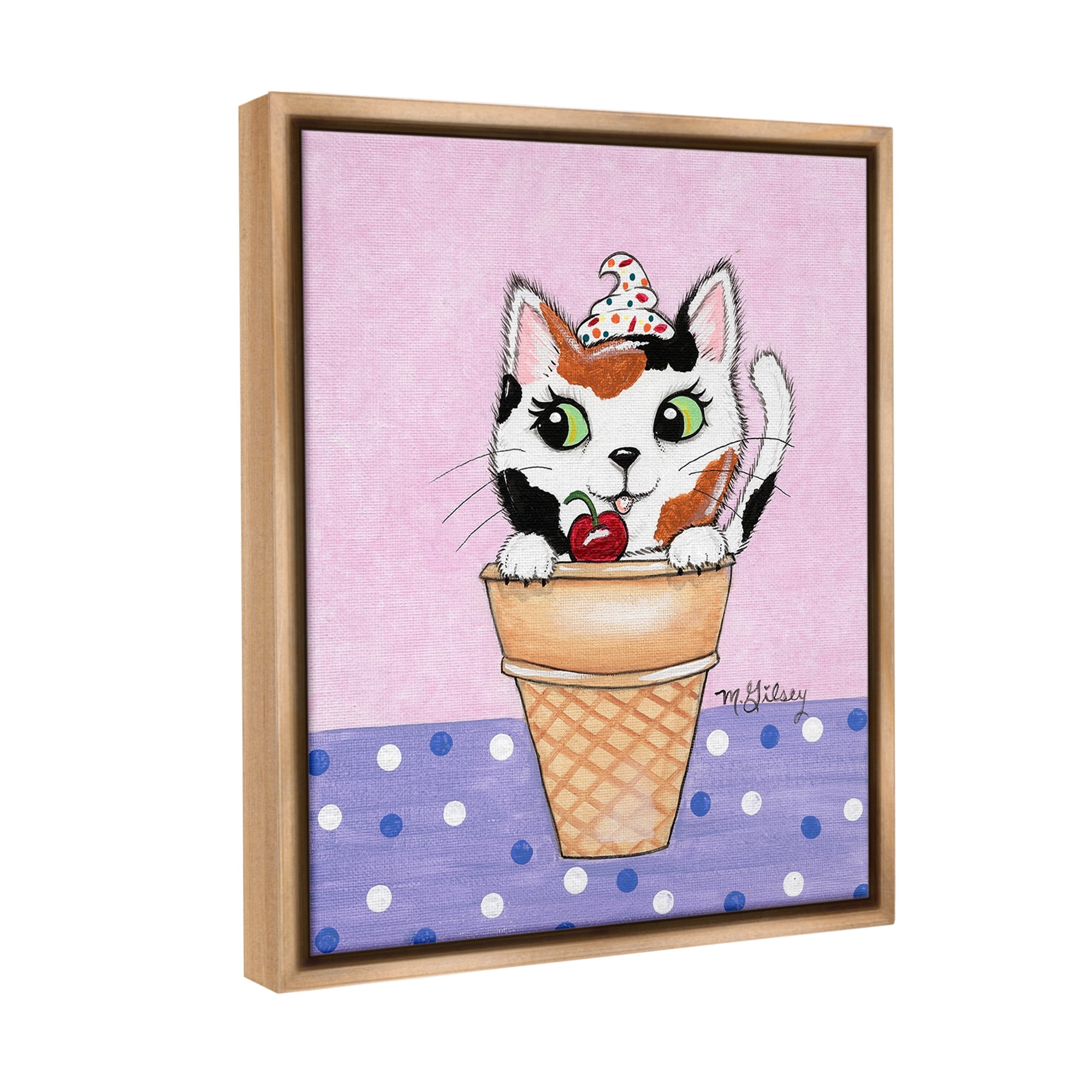 Stupell Industries Polka Dot Cat Sundae Animals & Insects Painting Brown Floater Framed Canvas Art Print Wall Art, 17 x 21