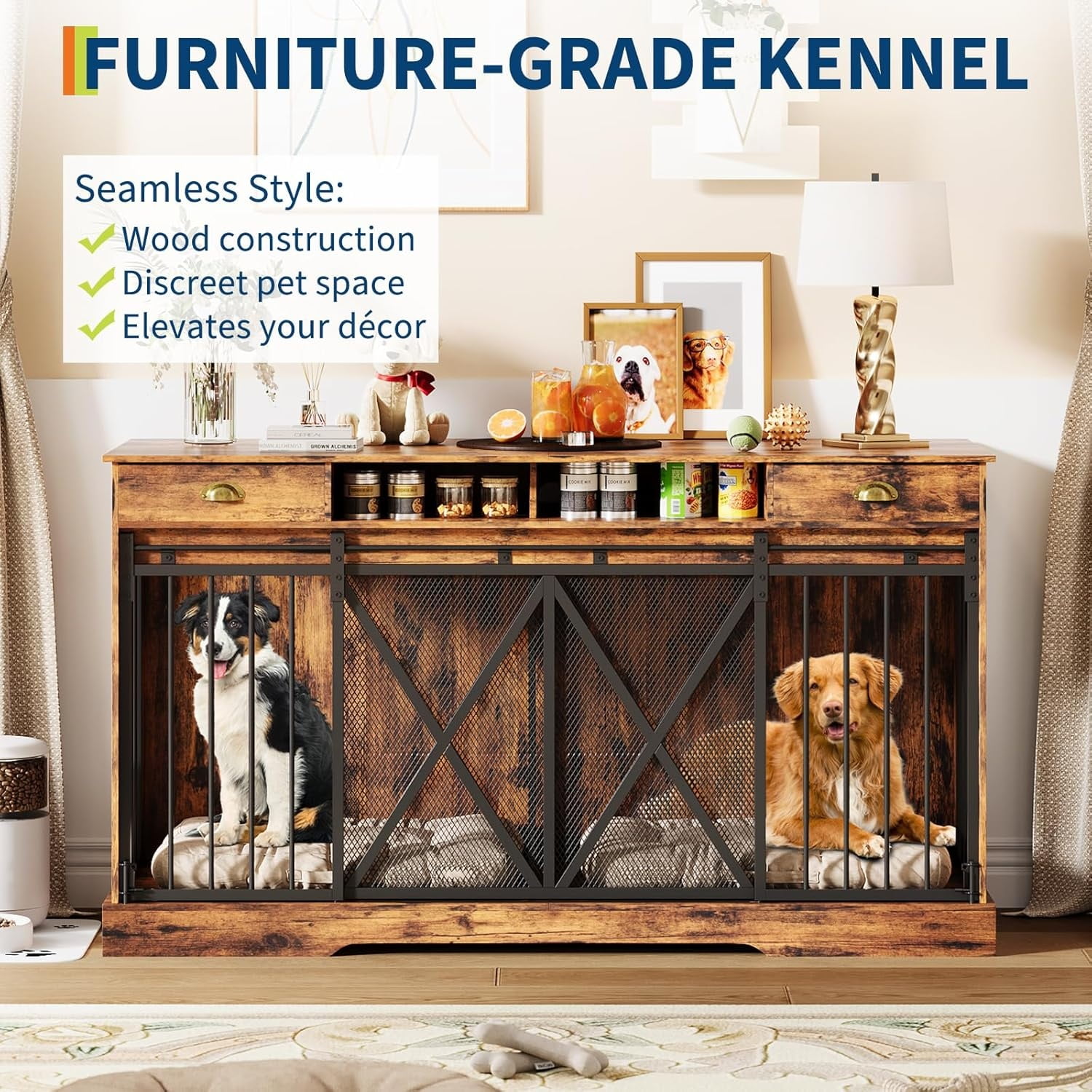 63'' Extra Large Double Dog Crate with Removable Divider, Heavy Duty Dog Kennel Furniture with 2 Drawers, Indoor Decorative Pet Cage TV Stand for 2 Pets
