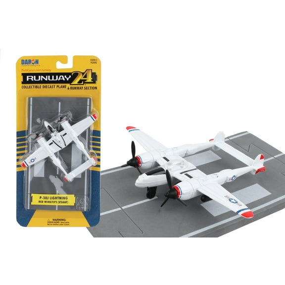 Lockheed P-38J Lightning Fighter Aircraft White with Red Wingtips with Runway Section Diecast Model Airplane by Runway24