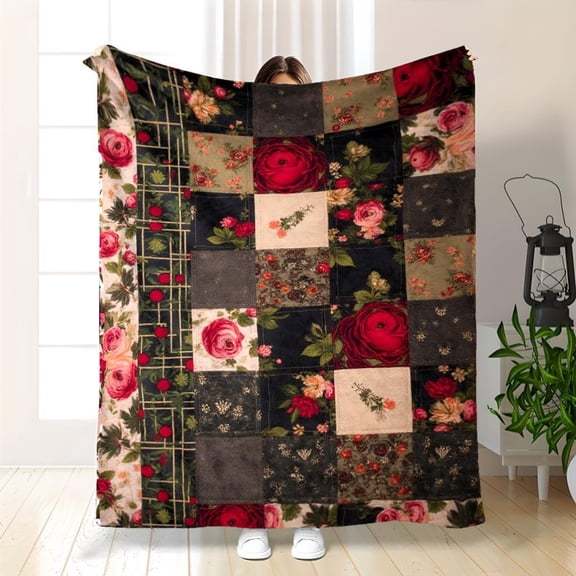 Cozy Multicolor Patchwork Throw Blanket | Floral and Plaid Patterns in Red, Pink, Blue, Green, Yellow, White, Brown - Soft Flannel Bedspread for Sofa, Chair, Travel, Office, and Home Decor 280gsm