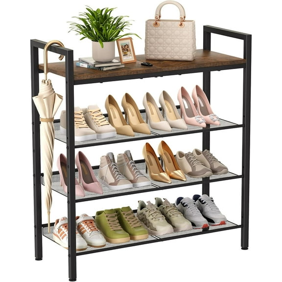 4 Tier Shoe Rack for Entryway, Holds 12–16 Pairs, Free Standing Metal Organizer, Black and Rustic Brown Bestseling