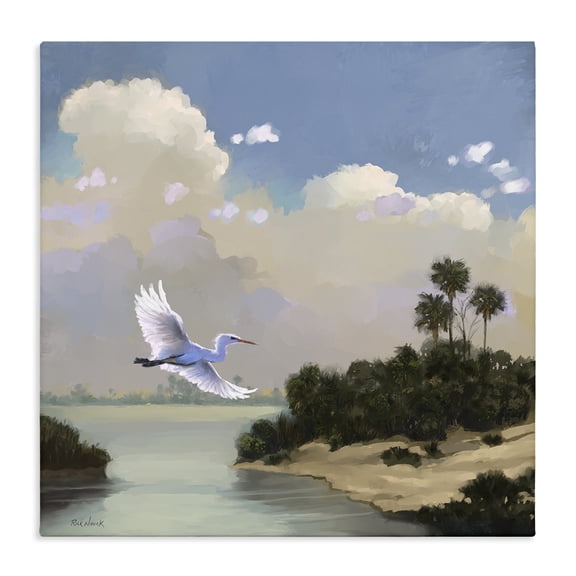 Stupell Industries Coastal Heron Flying Over Coastal Inlet Nature Canvas Art, 17 x 17, by Rick Novak
