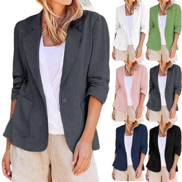 QIPOPIQ 2025 Linen Blazer Women 3/4 Sleeve Lightweight Spring Summer Blazer Jackets Clearance