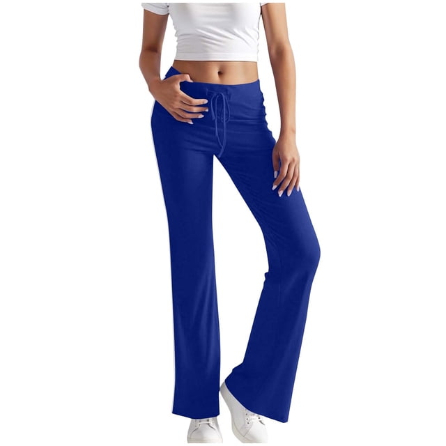 Lenpel Women's Flare Yoga Pants Drawstring Medium Rise Side Striped Bell Bottom Casual Pants Bootcut Workout Pants(Blue,Medium)
