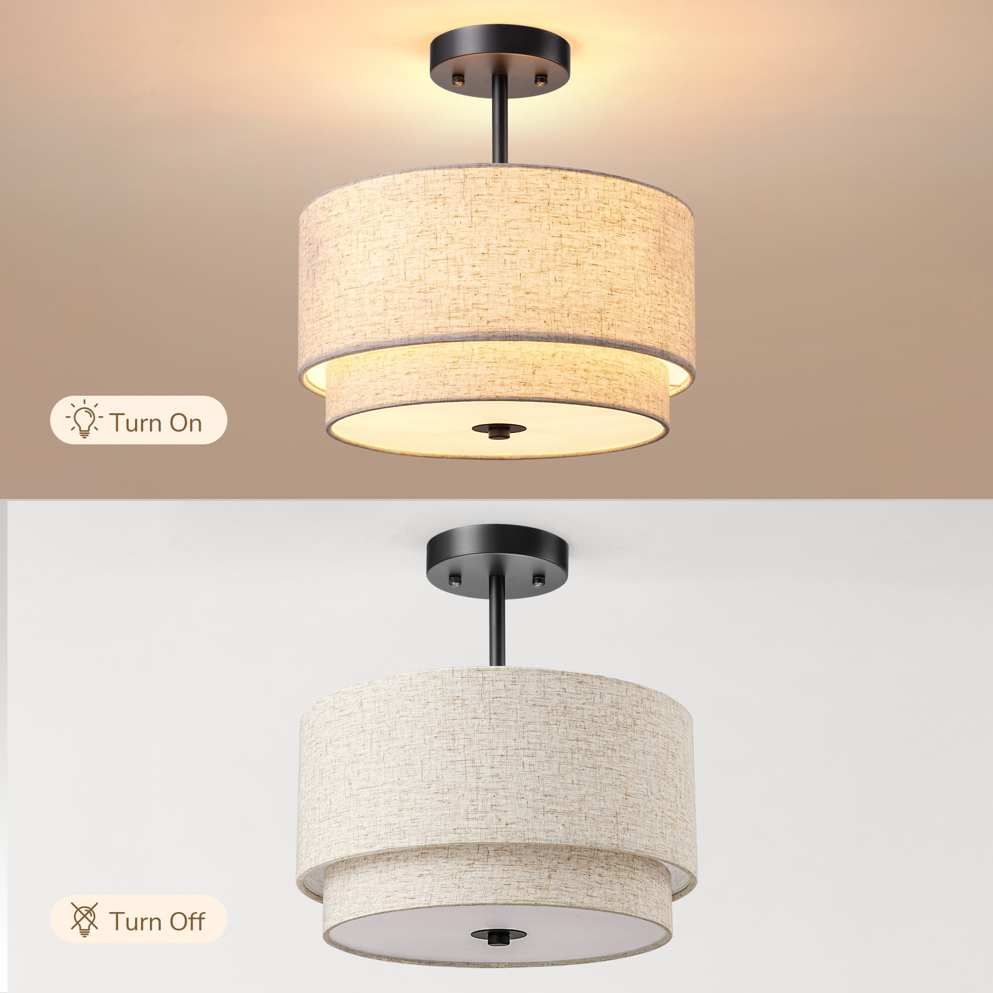 EDISHINE 12.6 Inch Semi Flush Mount Ceiling Light Fixture, Double Drum Shade, Modern Close to Ceiling Lamp,Black for Bedroom Hallway Dining Room Kitchen