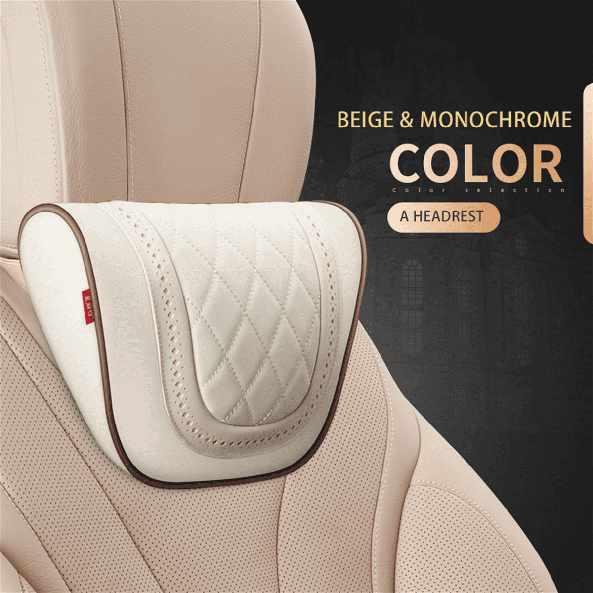 Beige Real Leather Car Seat Memory Foam Neck Rest Cushion Pillow Fit For Benz
