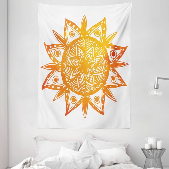 Orange Tapestry, Watercolor Style Hand Drawn Sun Figure Tribal Ethnic Mandala Artistic Asian Print, Wall Hanging for Bedroom Living Room Dorm Decor, 60W X 80L Inches, Orange White, by Ambesonne