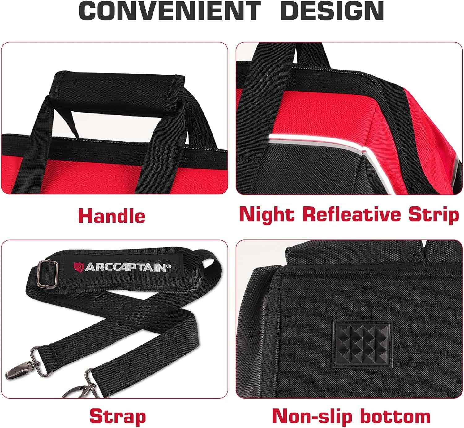 Tool Bag, ARCCAPTAIN Heavy Duty Tool Bags, Waterproof Wide Mouth Tote Bag for Tool Organizer & Storage, with Adjustable Shoulder Strap, Black