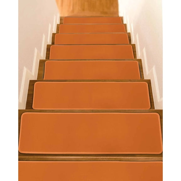 Orange Non-Slip Stair Treads for Wooden Steps, 4 Pack-8x30in Carpet Stair Mats with Adhesive Backing, Noise-Reducing Step Covers for Indoor Stairs, Easy to Install & Residue-Free