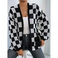 thumbnail image 2 of Women'S Plus Size Checkered Cardigan Top Plaid Print Open Front Loose Sweater Outwear Black & White XL, 2 of 8