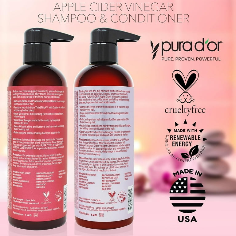 PURA D'OR Apple Cider Vinegar Shampoo and Conditioner Set, 16oz x