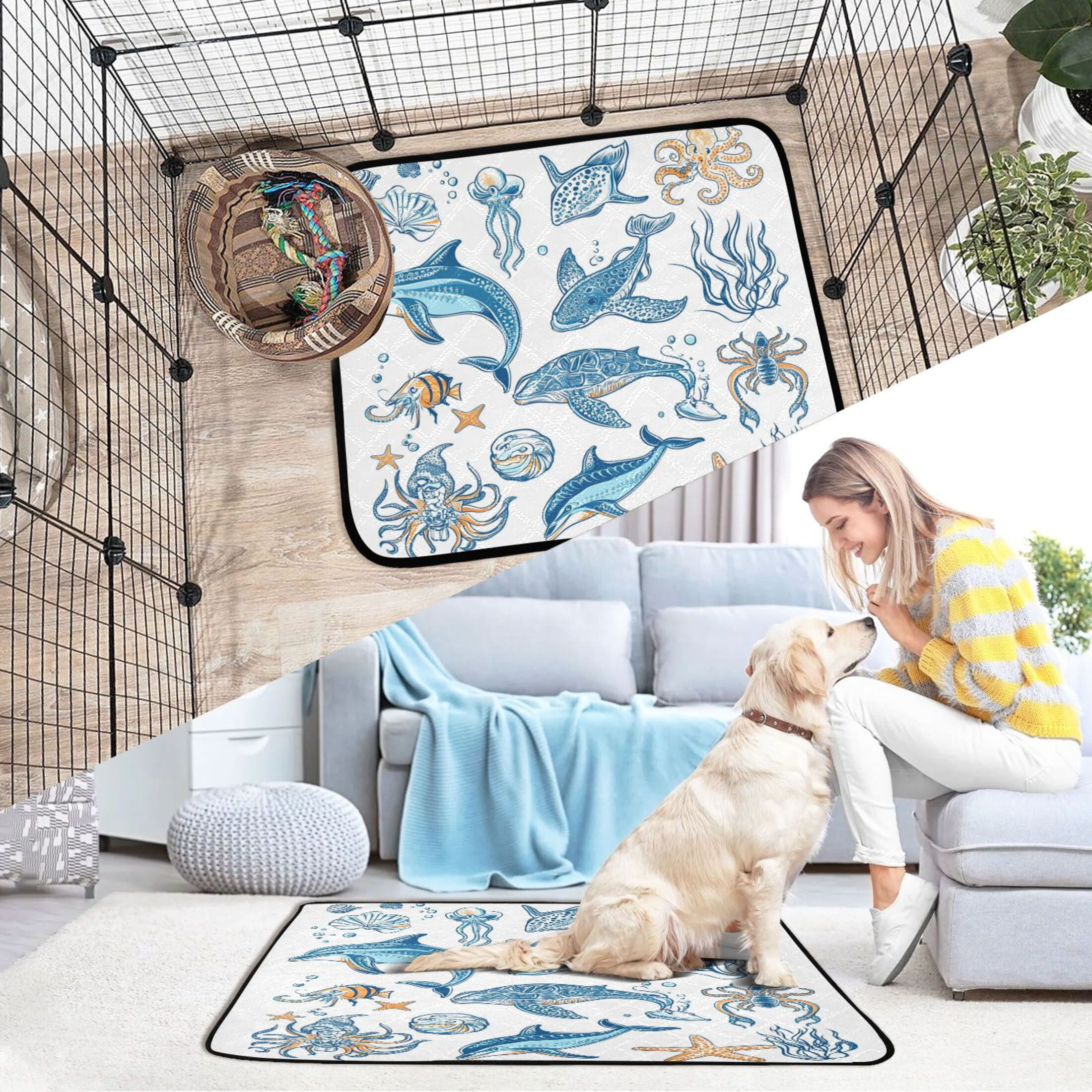 Washable Pet Pee Pads with Super Absorbent Reusable Training Pads for Dogs & Cats Ocean-themed Pattern