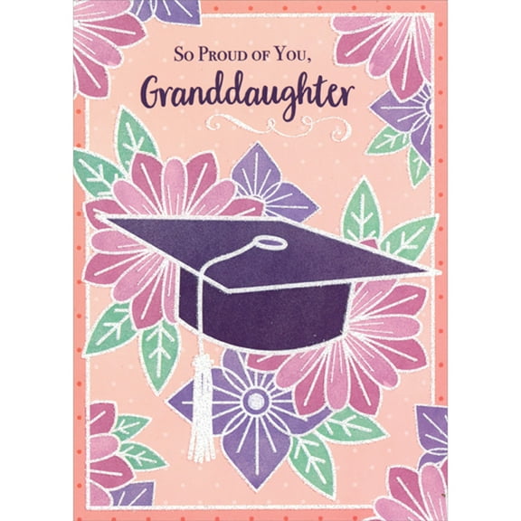 Designer Greetings Purple Grad Cap and Pink, Green and Purple Flowers with White Glitter Outlines College Congratulations Graduation Card for Granddaughter