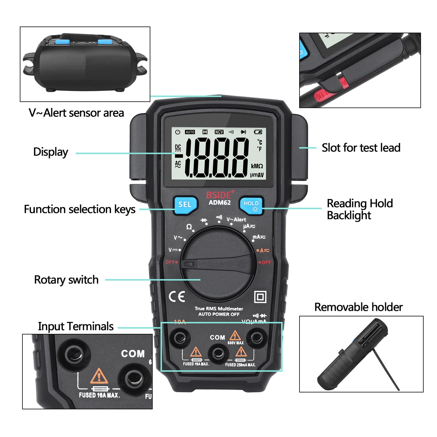 ADM66 Handheld Multimeter, 6000 Counts True RMS Meter AC DC AAA Battery LCD Display Automatic Shutdown Meter