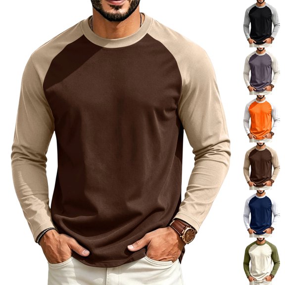 UDAUDU Mens Shirts Crew Neck Raglan Block Casual Soft Long Sleeve T Shirts Daily Wear Basic Tops L