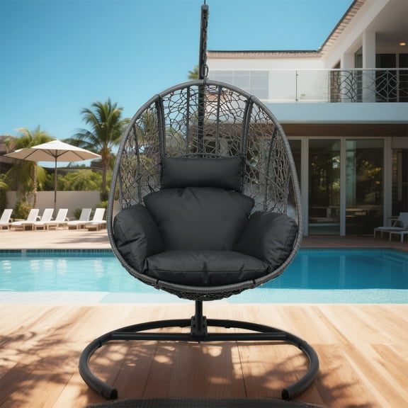 YIYADO PE Wicker Hanging Egg Chair, Outdoor Indoor Swing Seat with Cushion, Gray Color Rattan