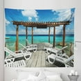 thumbnail image 1 of Summer Tapestry, Beach Sunbeds Ocean Sea Scenery with Wooden Seem Pier Image Print, Fabric Wall Hanging Decor for Bedroom Living Room Dorm, 5 Sizes, Pale Brown White, by Ambesonne, 1 of 1