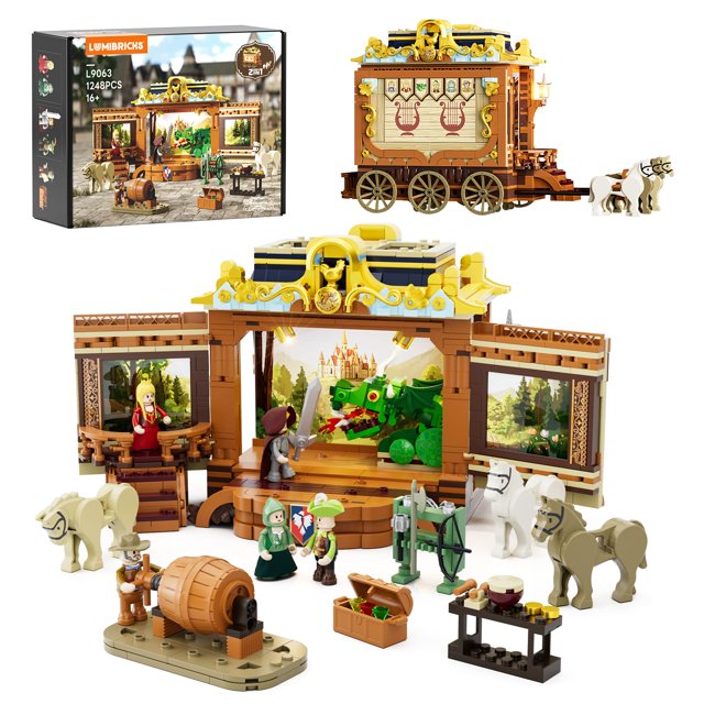 Lumibricks Medieval Troupe Carriage Lighting Building Bricks Set - Middle Ages City Town Playset Multi-Form Modular Collection Display Kit with Minif