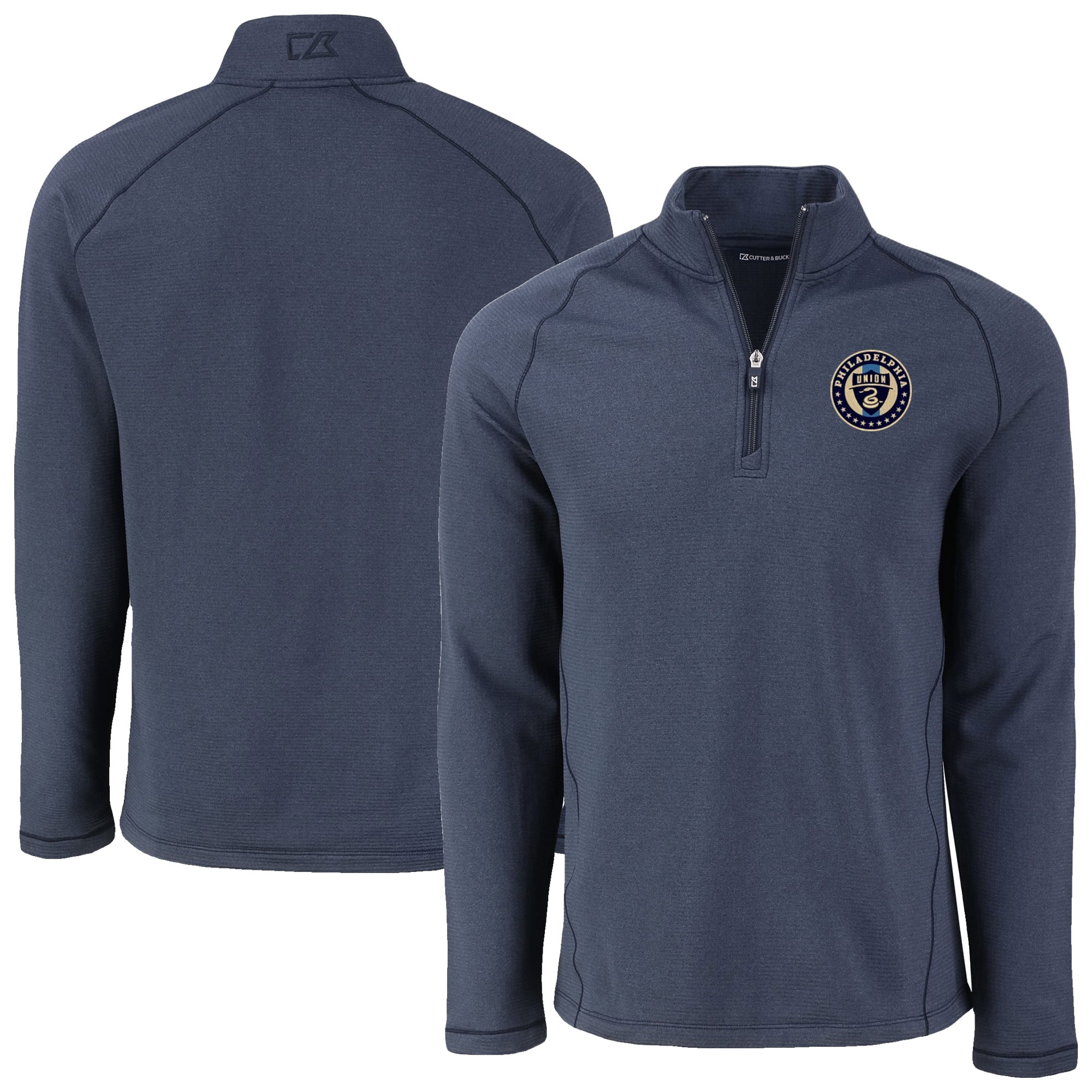 Men's-Cutter & Buck Heather Navy Philadelphia Union Peshastin Eco Fleece Recycled Raglan Half-Zip Top