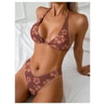 thumbnail image 3 of Women's Halter Triangle Thong Bikini Sets High Cut Swimsuit Bathing Suit Swimwear Floral Print Brown Small, 3 of 3