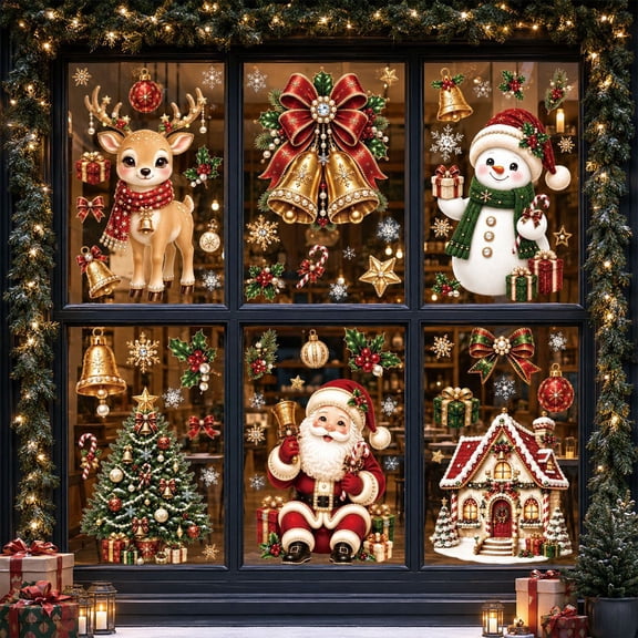 Aonerit 18 Pack Christmas Window Clings, Jewel Snowman Santa Reindeer Tree, Reusable Glass Stickers For Holiday Home Shop Decor