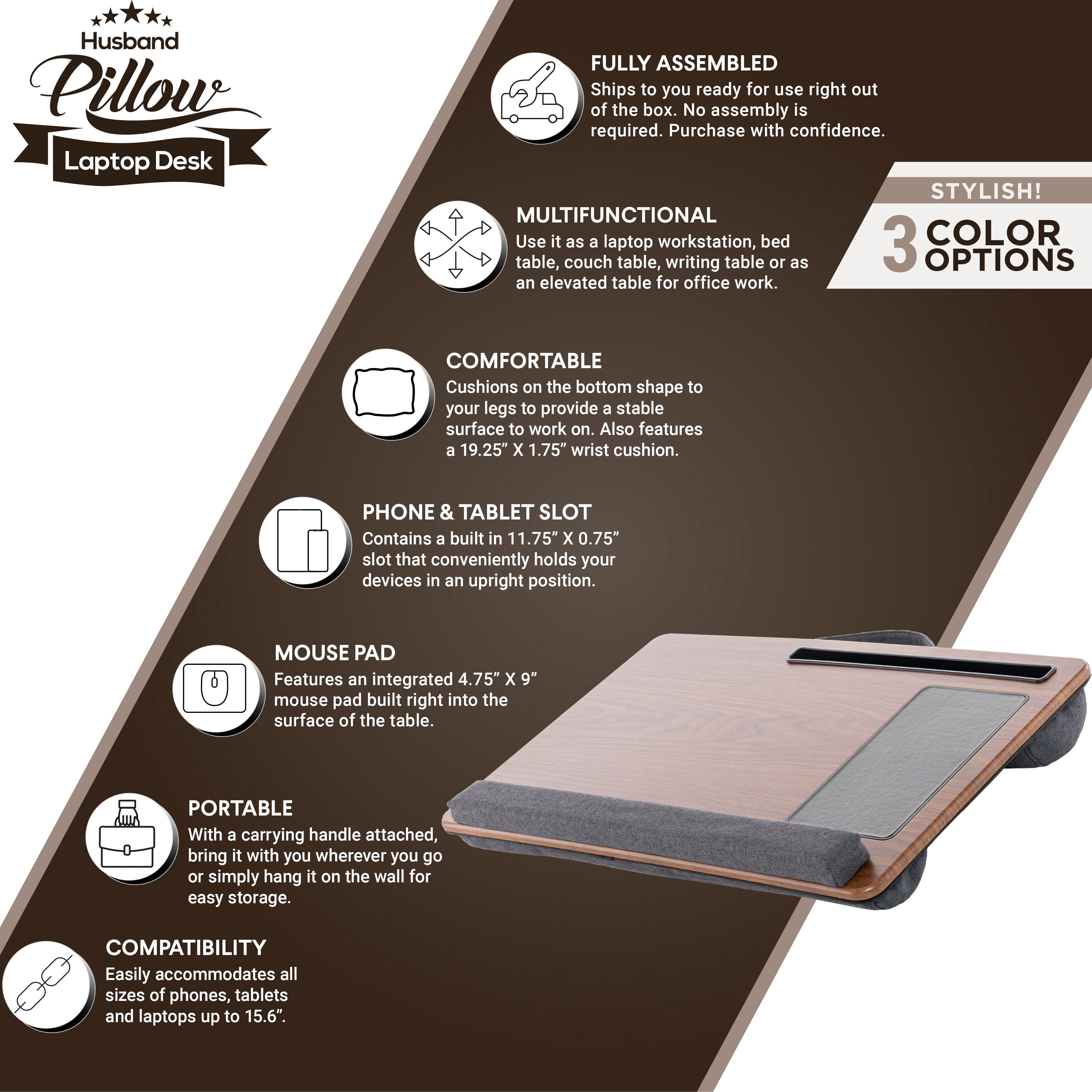 Husband Pillow - Bed Tray Desk, Adjustable Hard Wood PVC Desktop Lap Desk, Portable Laptop Table Stand Foldable Laptop Tray for Sofa Couch Floor (Large, Gray)