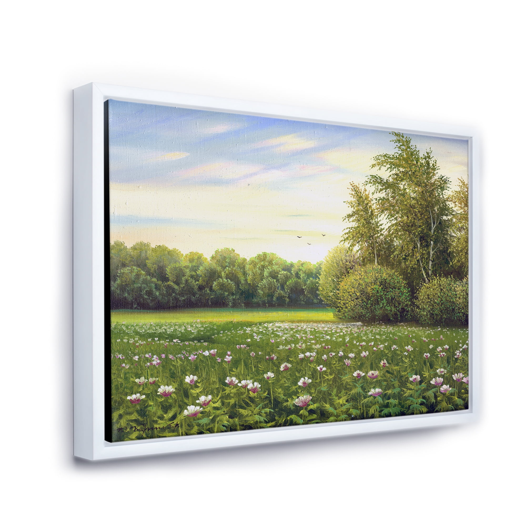 Designart 'Spring Trees By The Flowers and Meadows' Country Framed Canvas Wall Art Print
