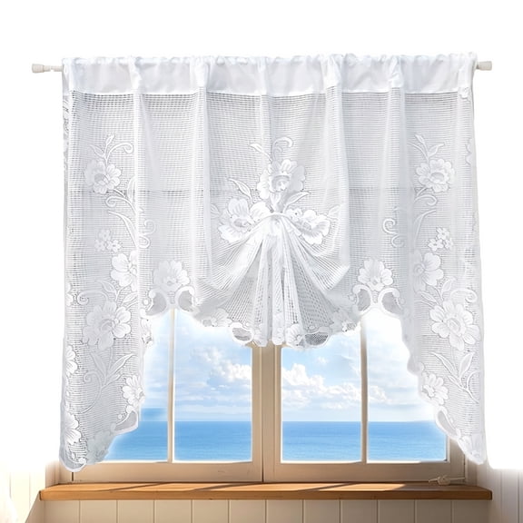 Floral Lace Kitchen Curtain Valance 59.06in*43.31in ZHANGLU, Rod Pocket Window Swag for Bathroom Living Room, Durable White Top Treatment